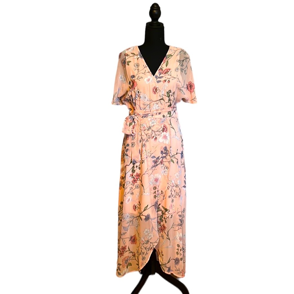 Sandra Darren Pink Faux Wrap Floral Print Maxi Dress Size 8